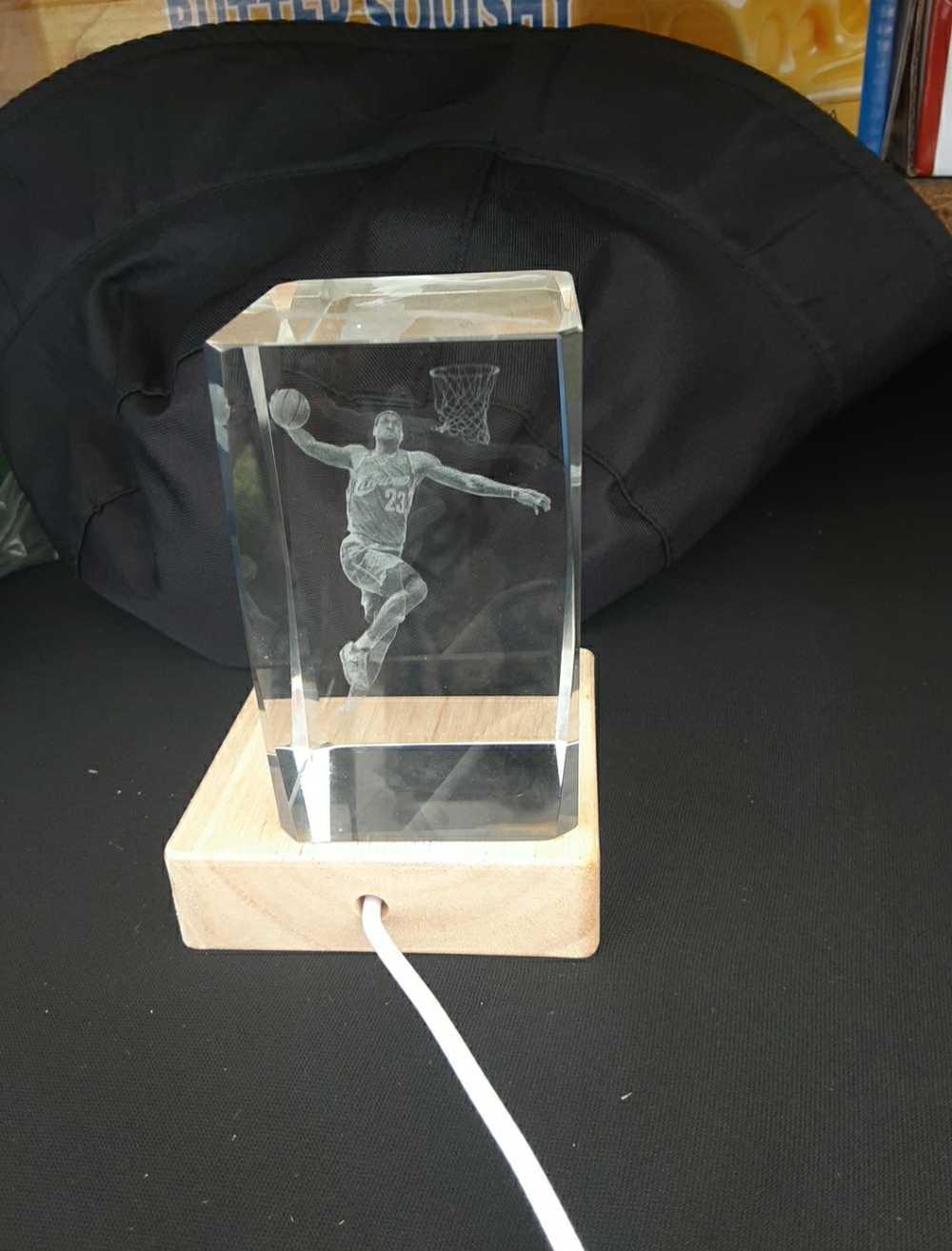 Lebron James Crystal Basketball Player LED Light on Wooden Base